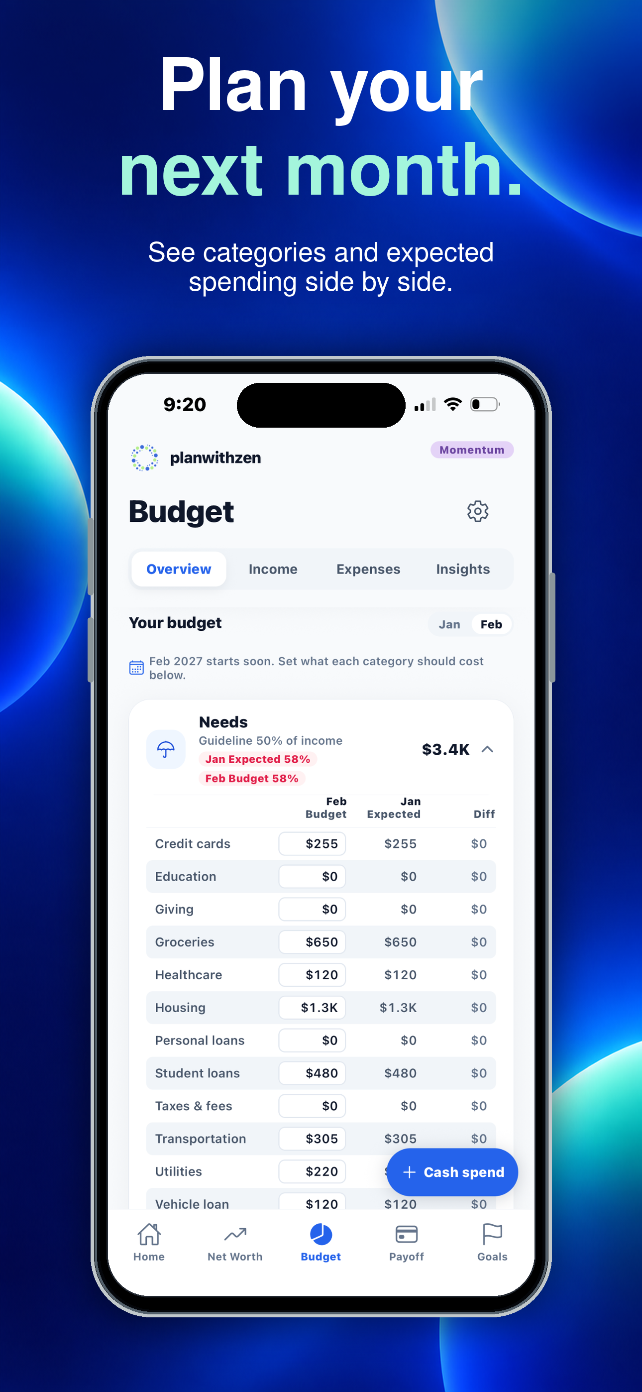 planwithzen on iPhone, showing the monthly budget