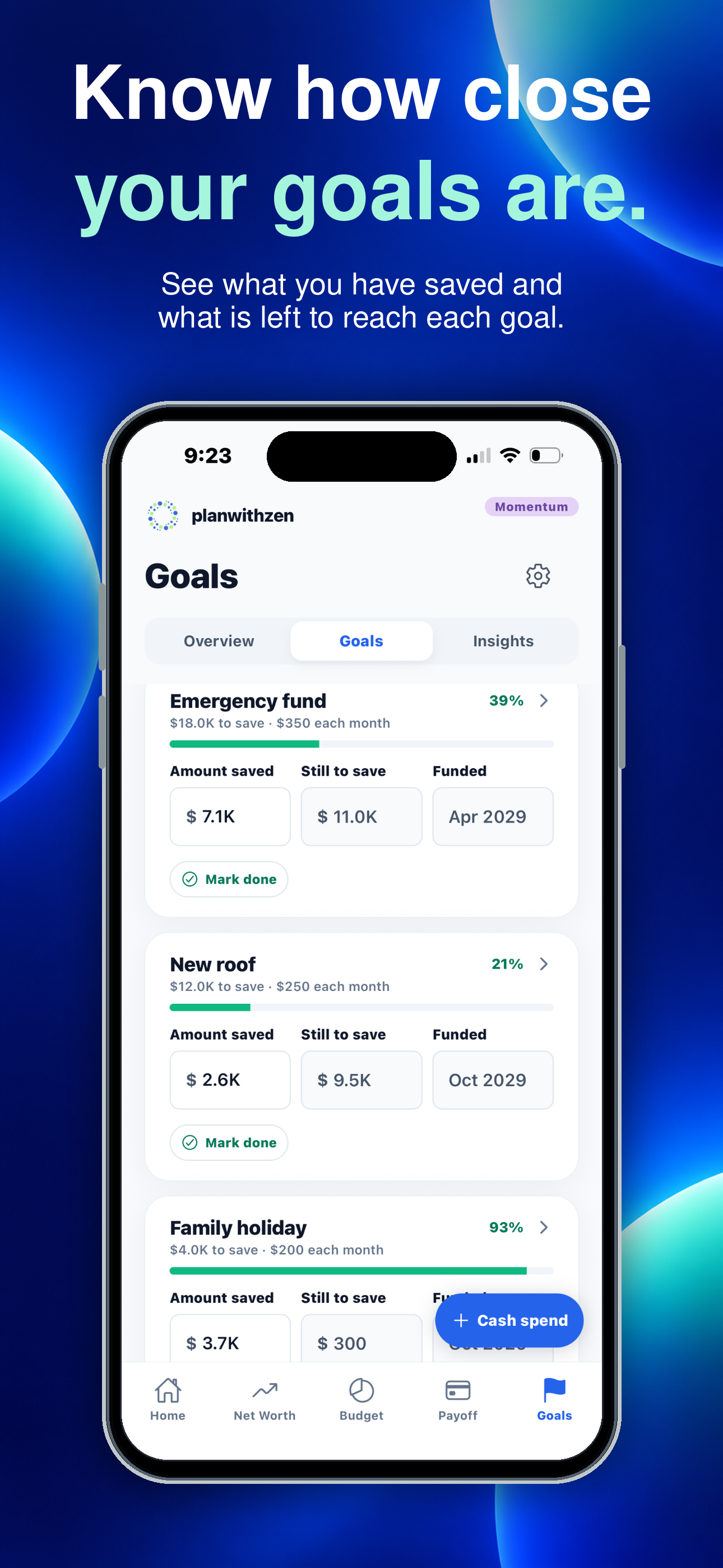 planwithzen on iPhone, showing a savings goal and its funded date