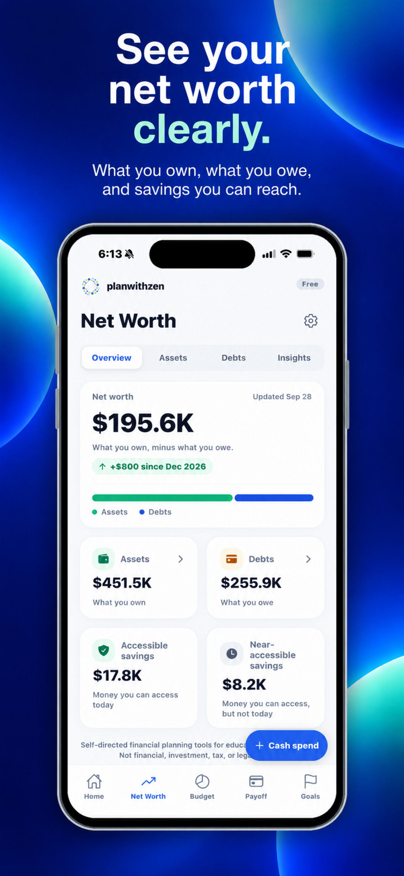 planwithzen on iPhone, showing net worth with assets and debts