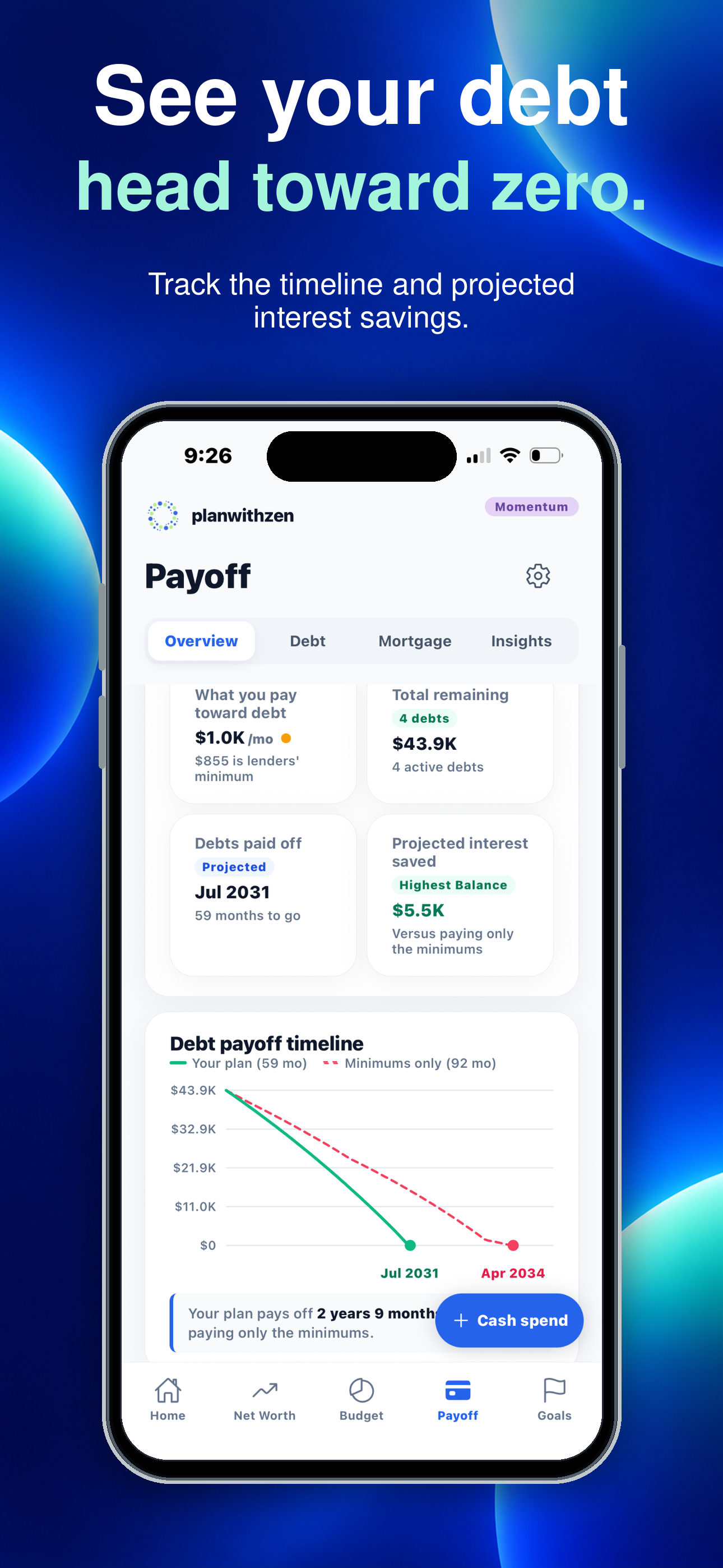 planwithzen on iPhone, showing the consumer debt payoff plan